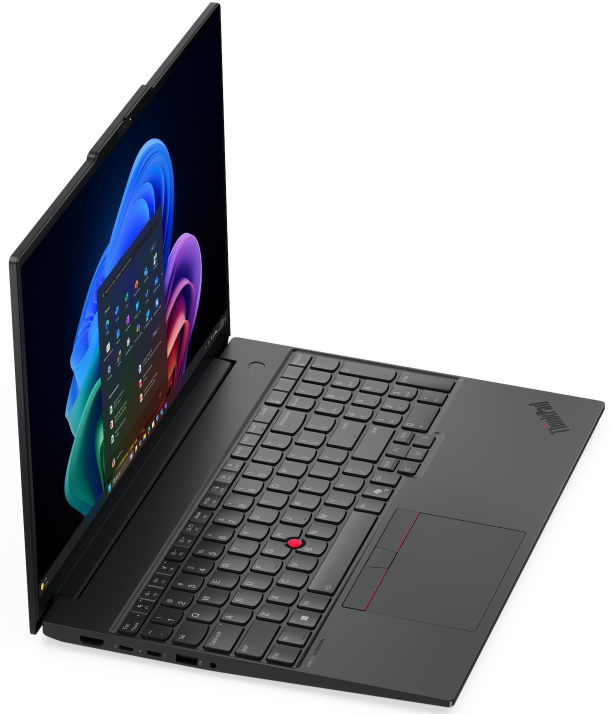 Elegáns, fekete laptop világító képernyővel, fehér háttér előtt.
