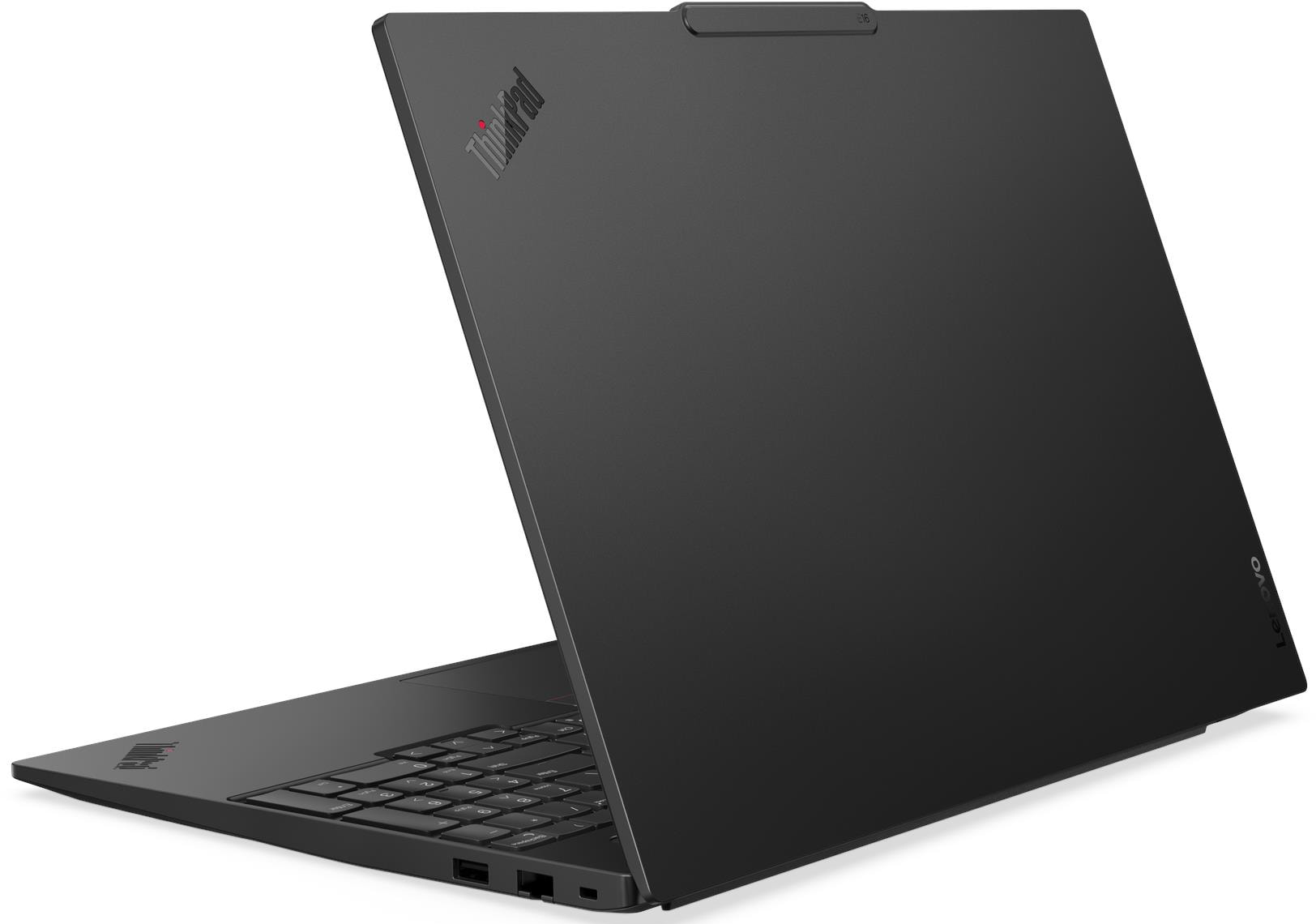 Egy fekete Lenovo ThinkPad laptop látható hátulnézetből, billentyűzetével és portjaival.