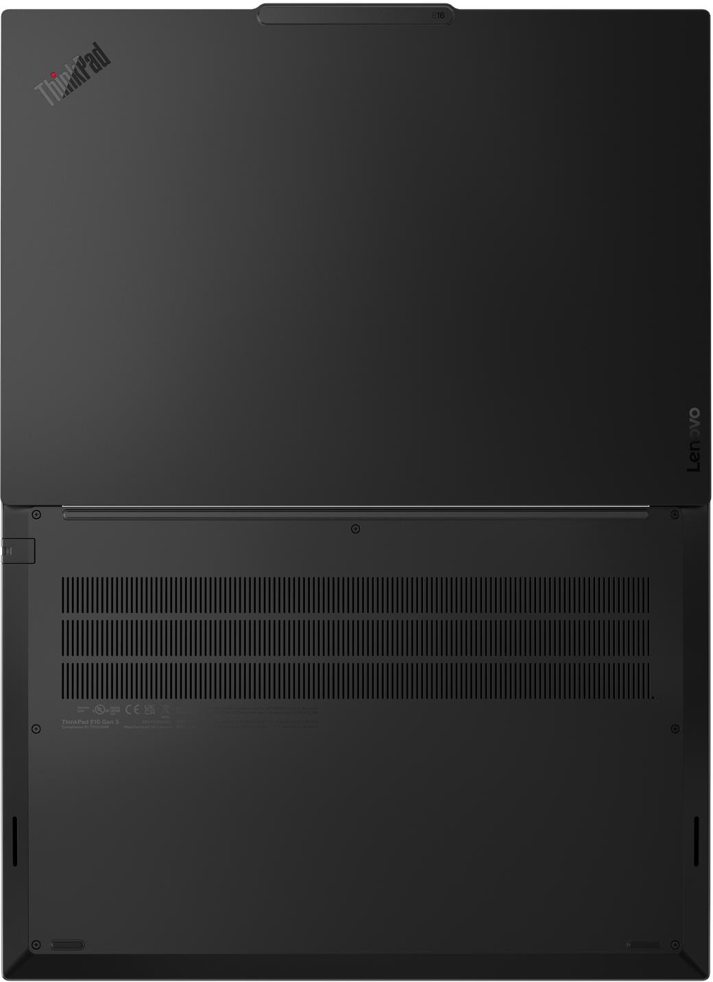 Egy zárt fekete Lenovo ThinkPad laptop felülről és alulról nézve.