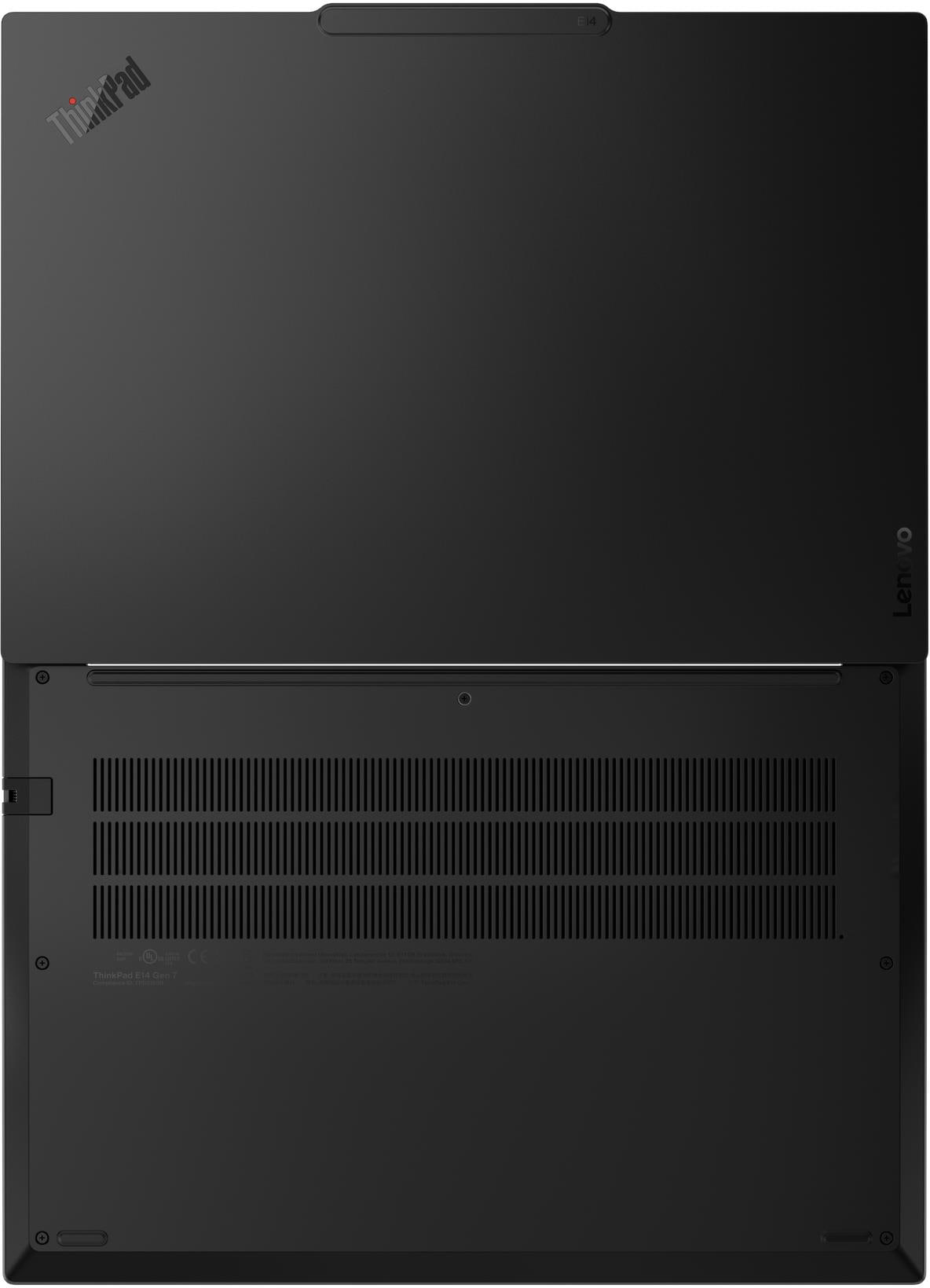 Fekete ThinkPad laptop felülről és alulról nézve, Lenovo logóval és szellőzőnyílásokkal.