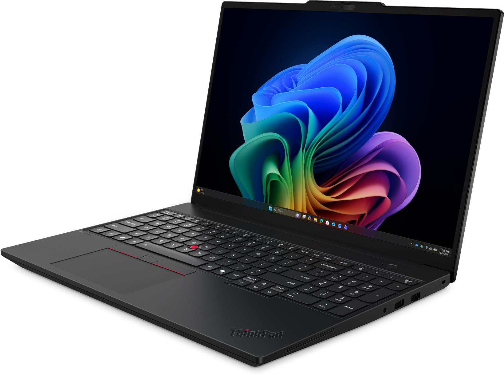 Fekete ThinkPad laptop színes, örv énylő absztrakt háttérképpel a képernyőn.