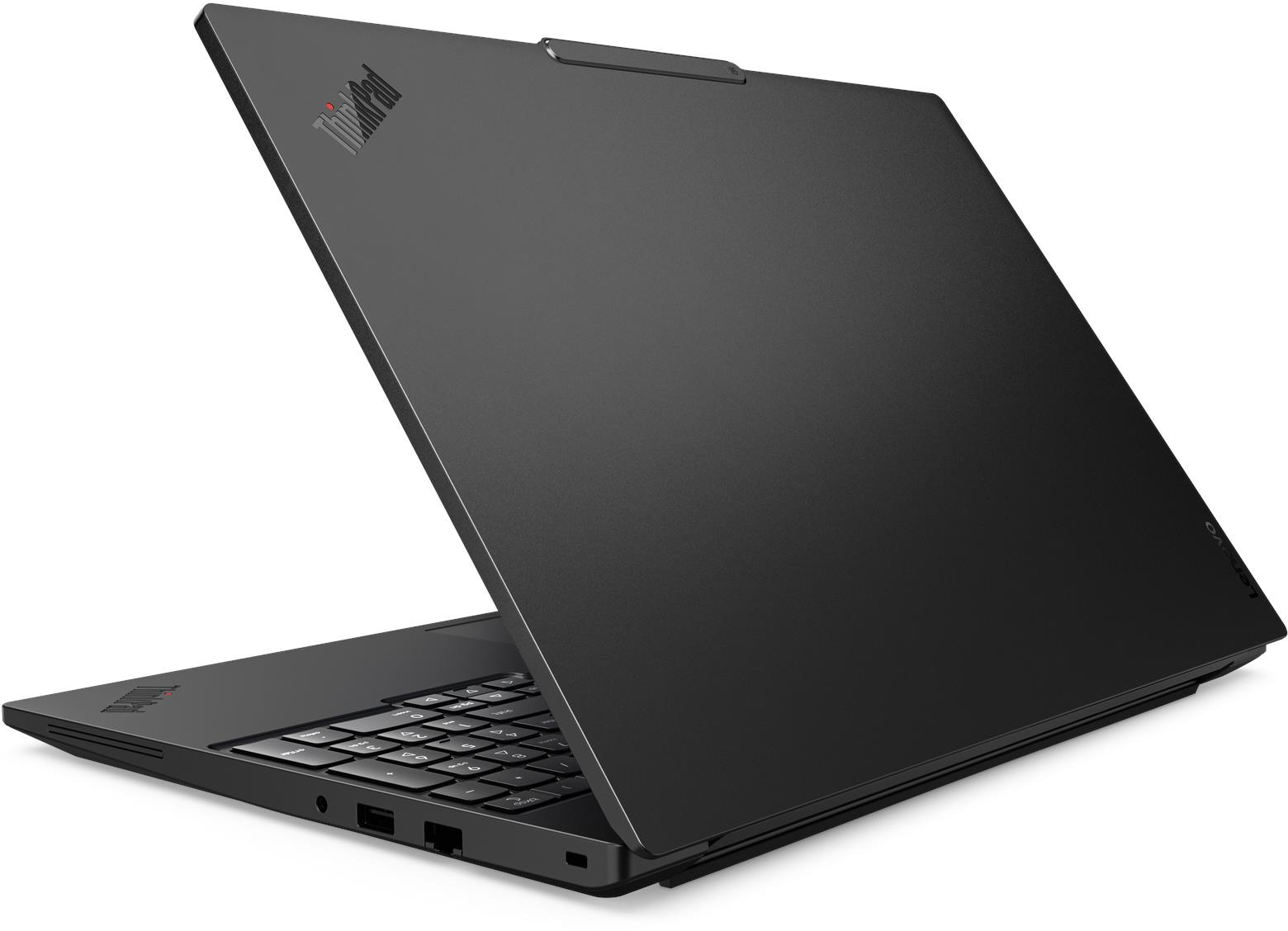 Egy fekete Lenovo ThinkPad laptop félig nyitva van, látszik a billentyűzet és az oldalsó portok.
