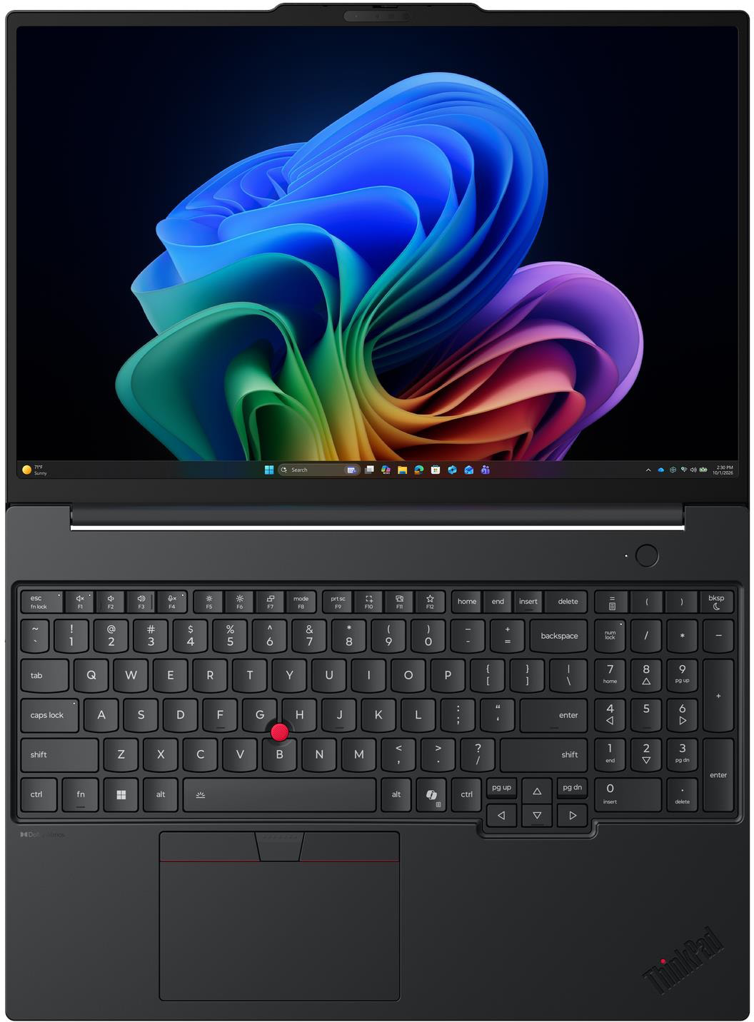 Nyitott modern laptop fekete billentyűzettel és színes absztrakt háttérképpel.