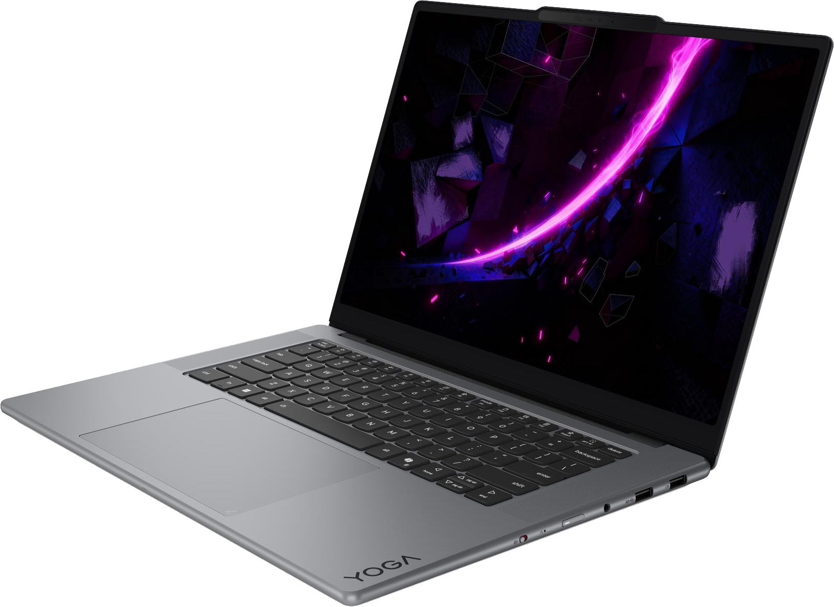 Egy ezüst Lenovo Yoga laptop fekete háttérrel, élénk absztrakt rózsaszín és kék háttérképpel.