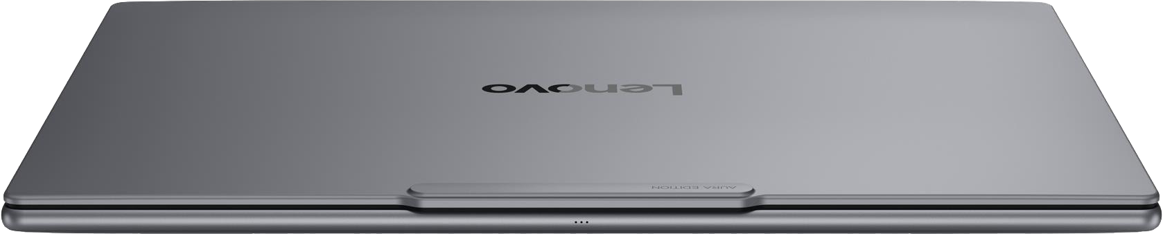 Egy szürke Lenovo laptop zárt fedéllel, az előtérben az alja látható egy kis kerek fénnyel.