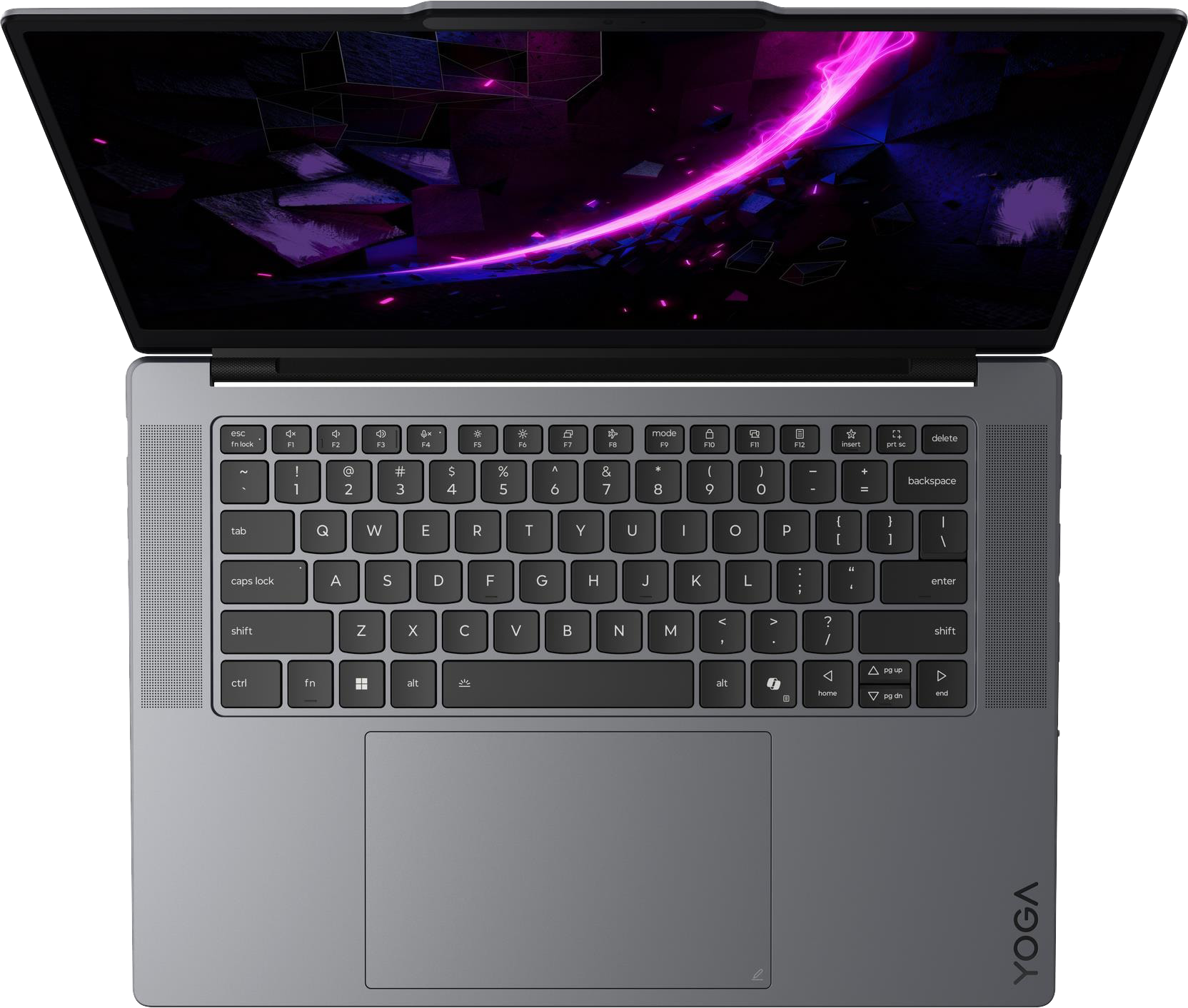 Felülnézet egy szürke laptopról, képernyőn lila fénnyel és billentyűzettel.