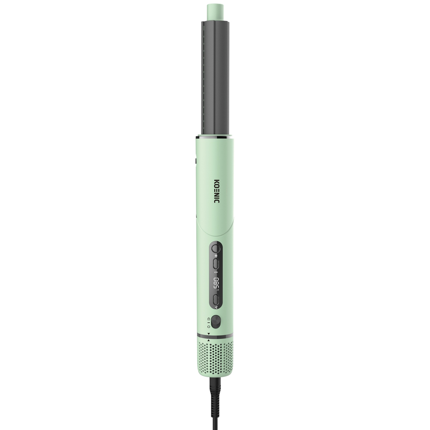 A mint green and grey hair styling tool with a digital display and control buttons on a white background.