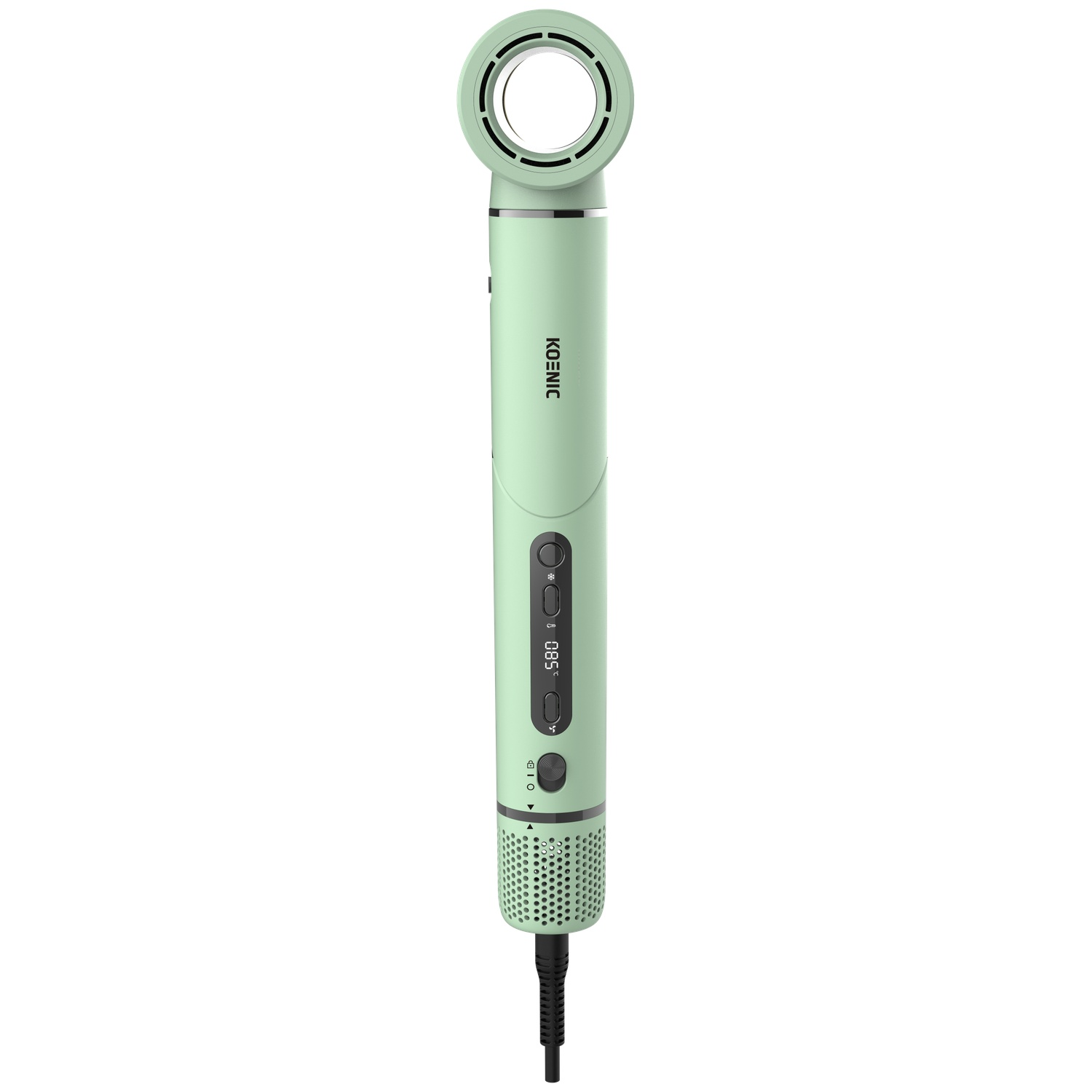 A modern mint green hair dryer with digital display, control buttons, and black cord against a white background.