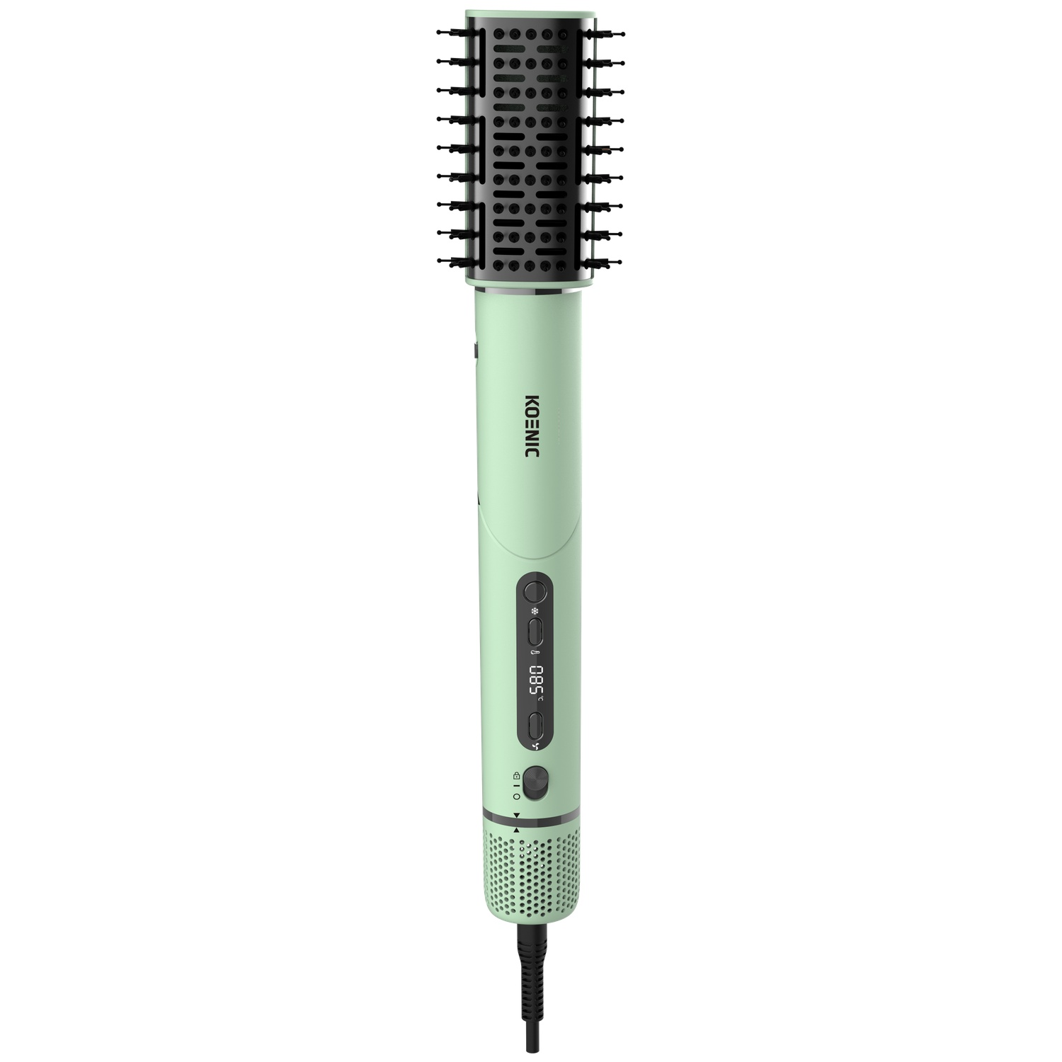 A mint green and black Koenic hot air styling brush with a digital display and control buttons on a white background.