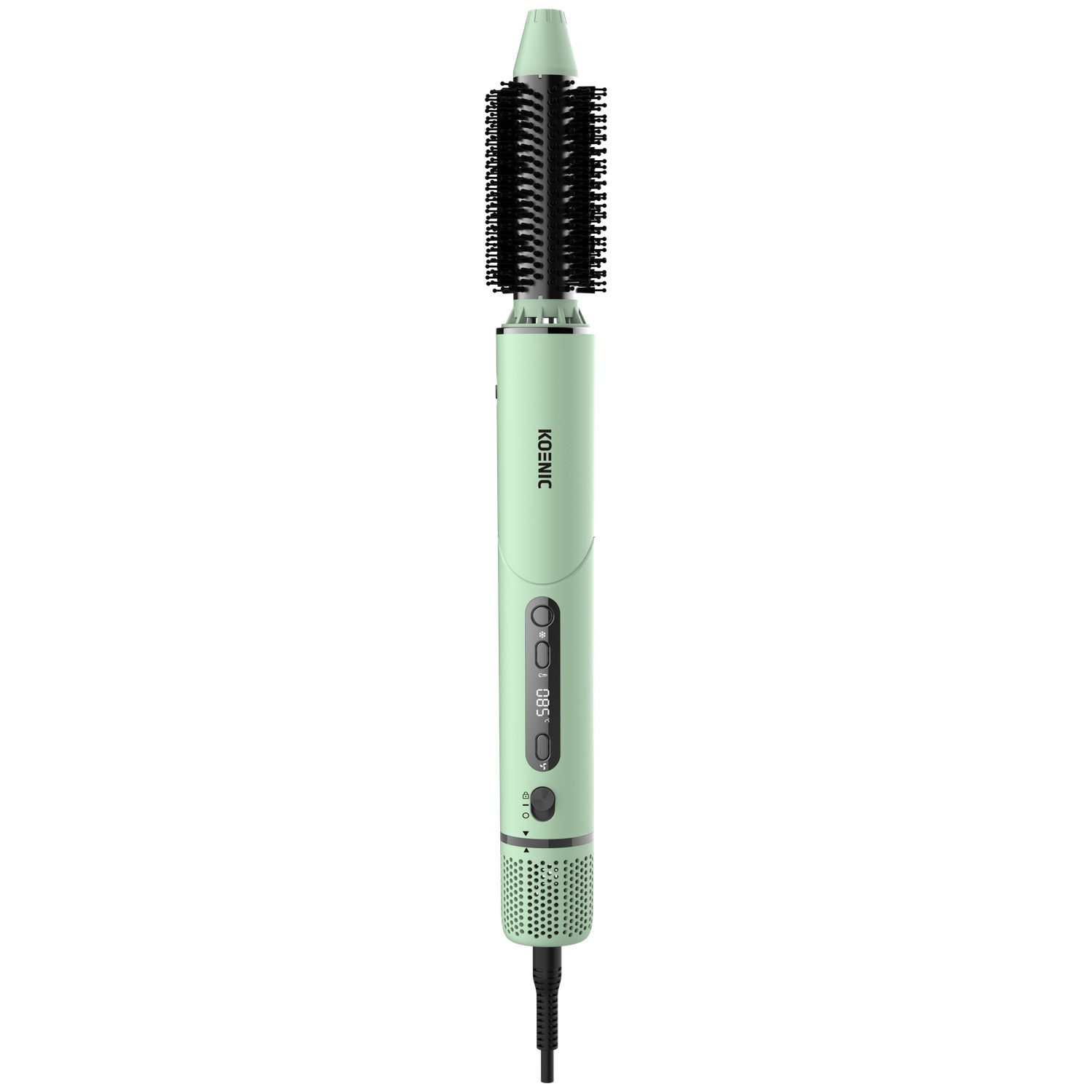 A mint green and black Koenic hot air styler with buttons and a digital display stands vertically against a white background.