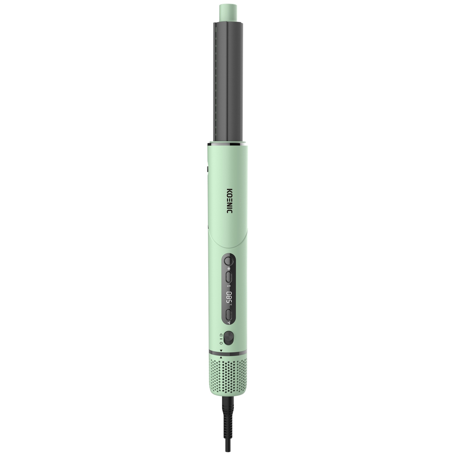 A mint green hair styling tool with a digital display and black cord on a white background.