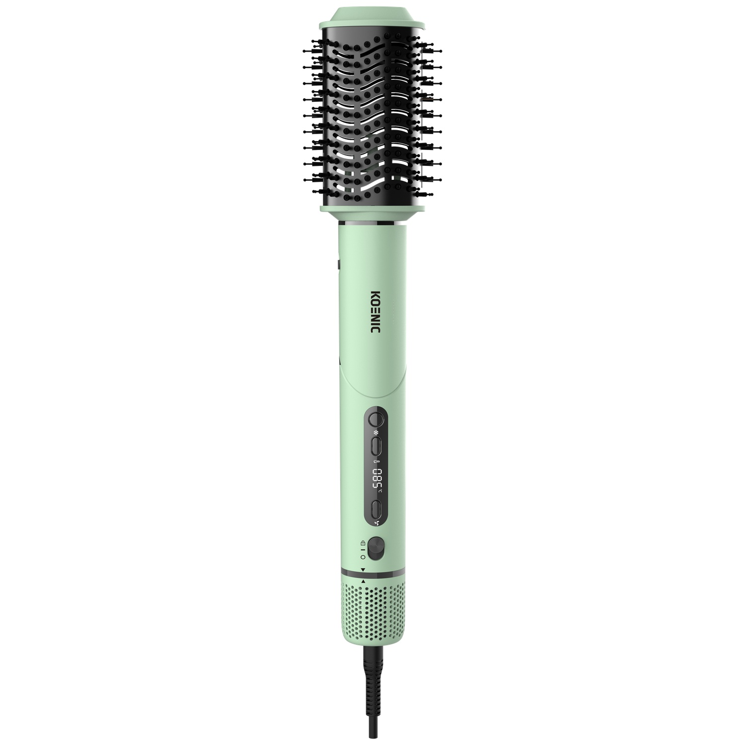 A light green hair styling brush with a digital display, black bristles, and a power cord on a white background.