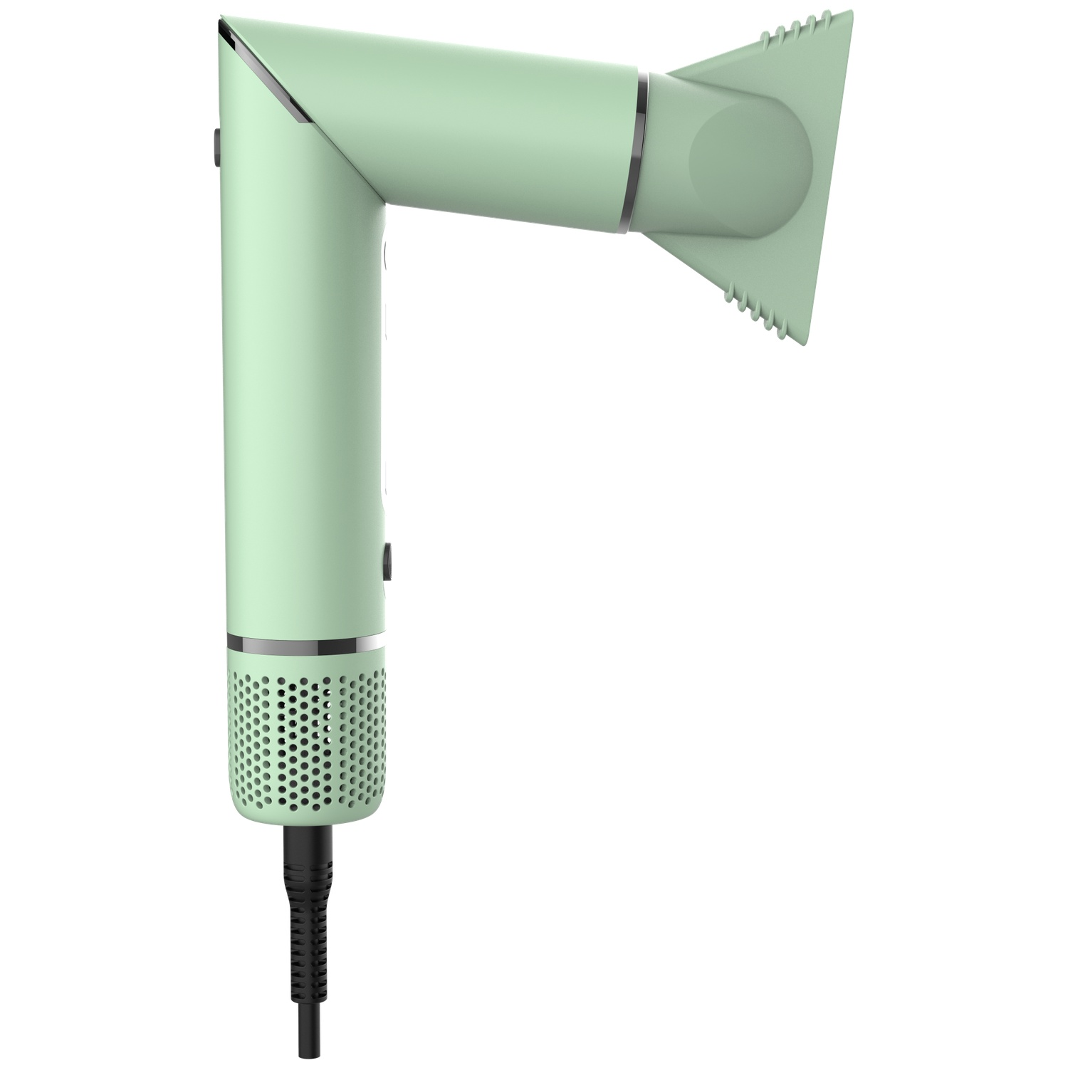 Modern, mint green hair dryer with a pointed nozzle and black cord against a white background.