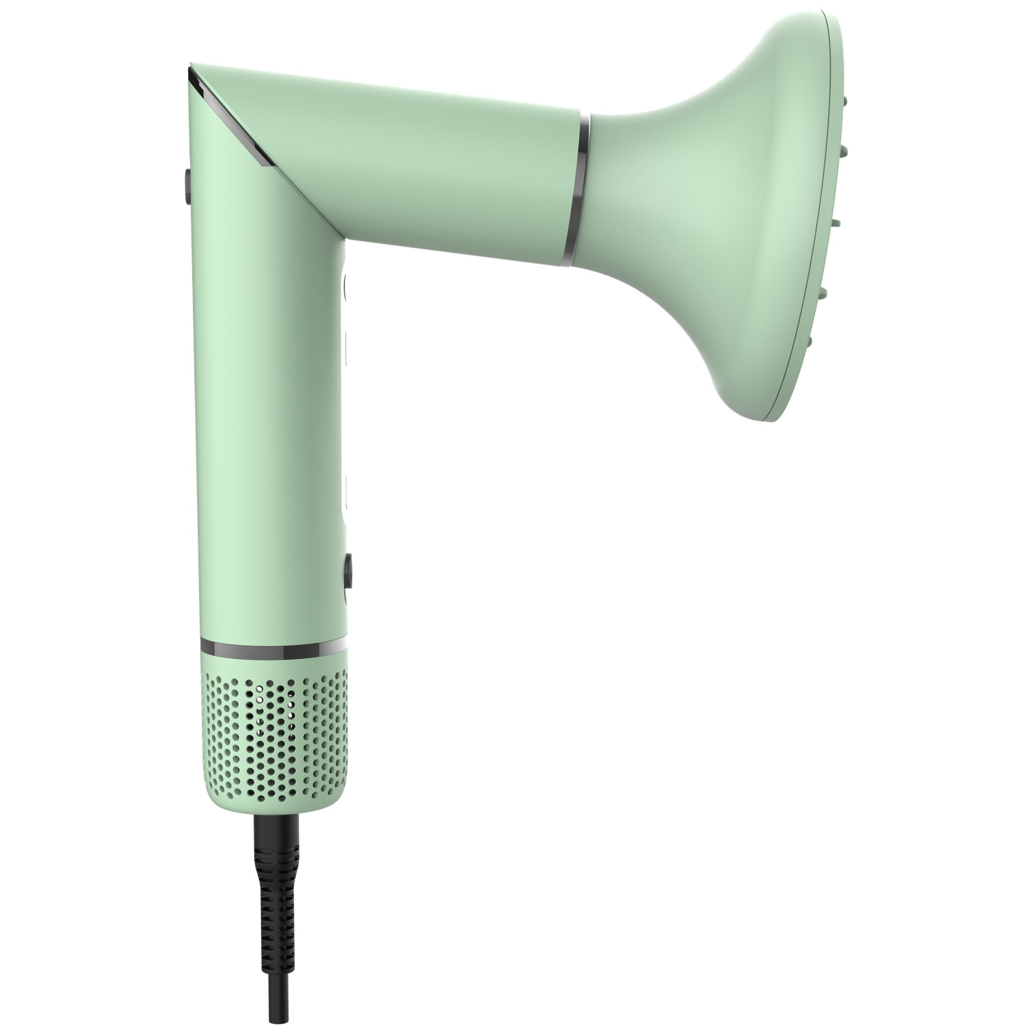 A modern, mint-green hair dryer with a black cord and perforated handle against a white background.