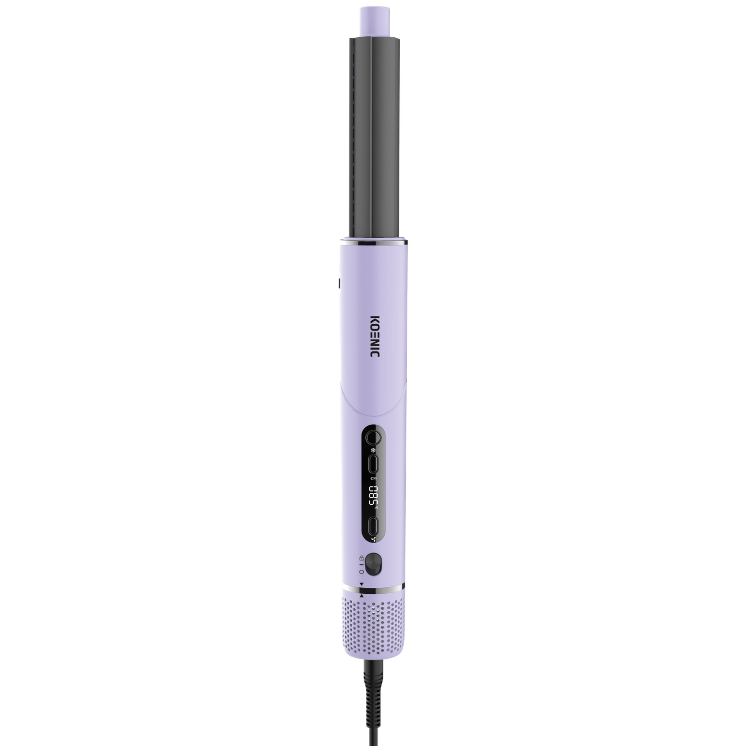 A purple hair styling device with a digital display and attachment against a white background.