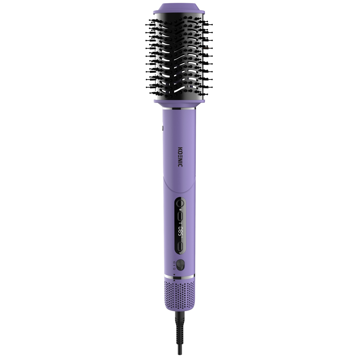 A purple hot air styler with a black brush attachment and digital display against a white background.
