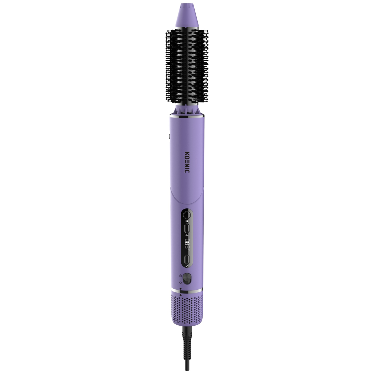 A purple Koenic hot air styler with a black brush attachment and digital display on a white background.