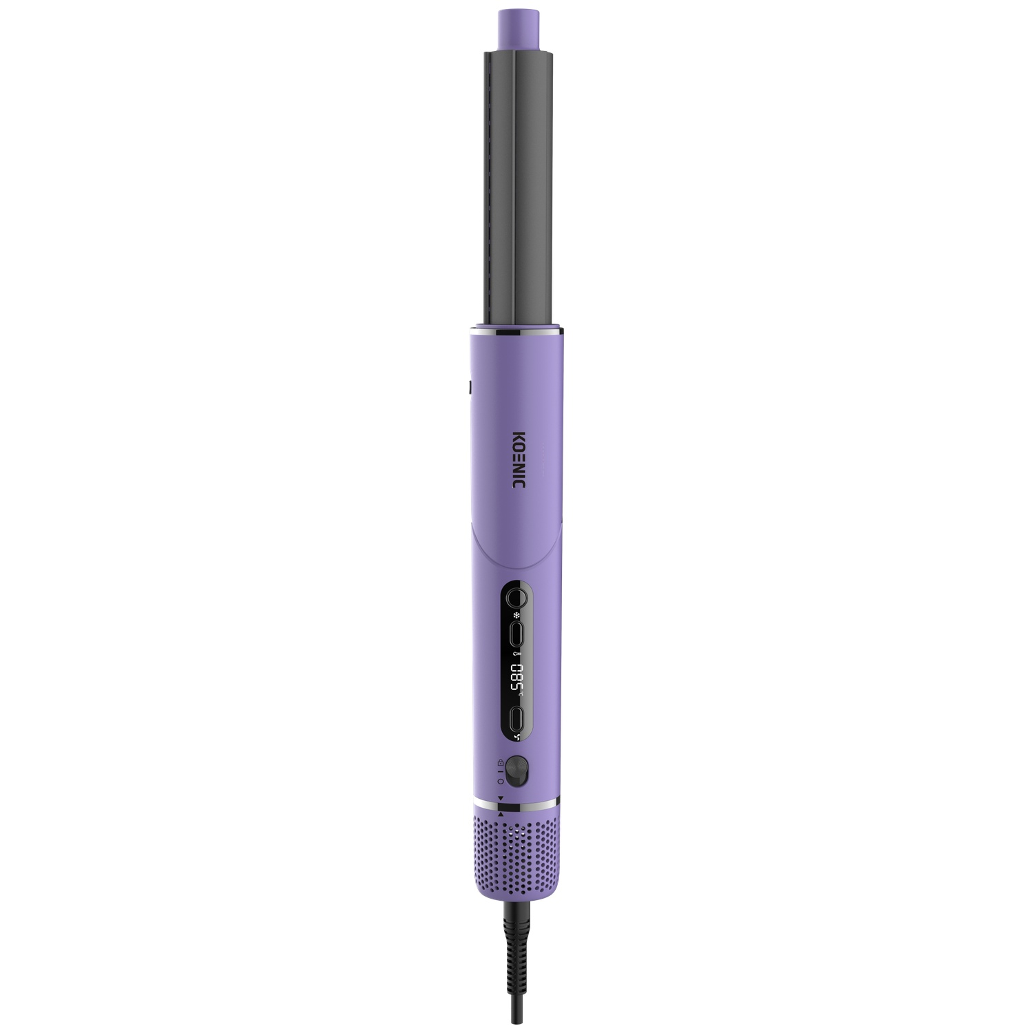 A purple and grey Koenic hair styling device with a digital display, buttons, and a cord against a white background.