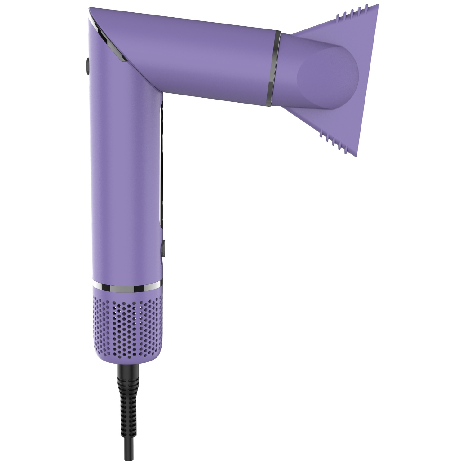 A modern purple hairdryer with an angled barrel and attached nozzle, viewed against a plain white background.