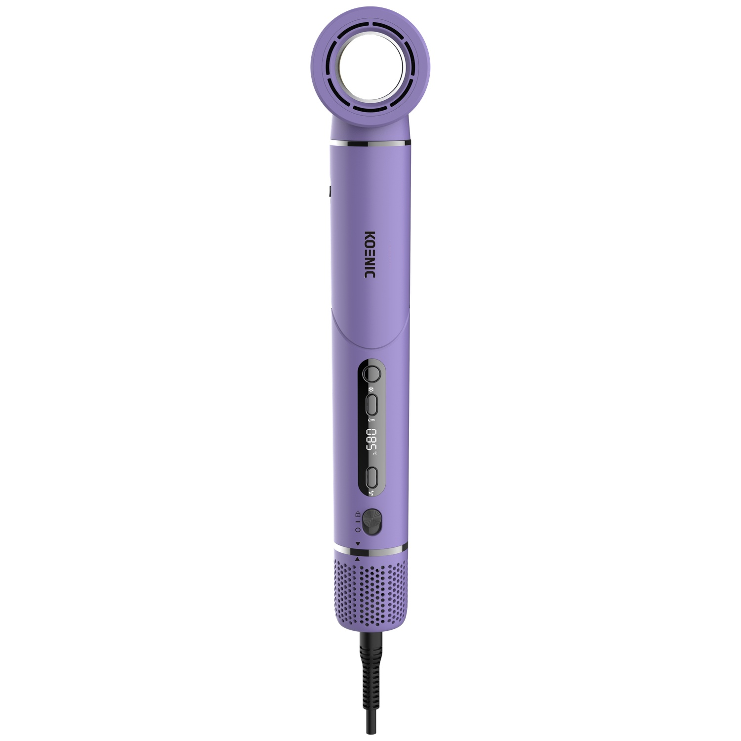 A purple bladeless hair dryer with a digital display and cord against a white background.
