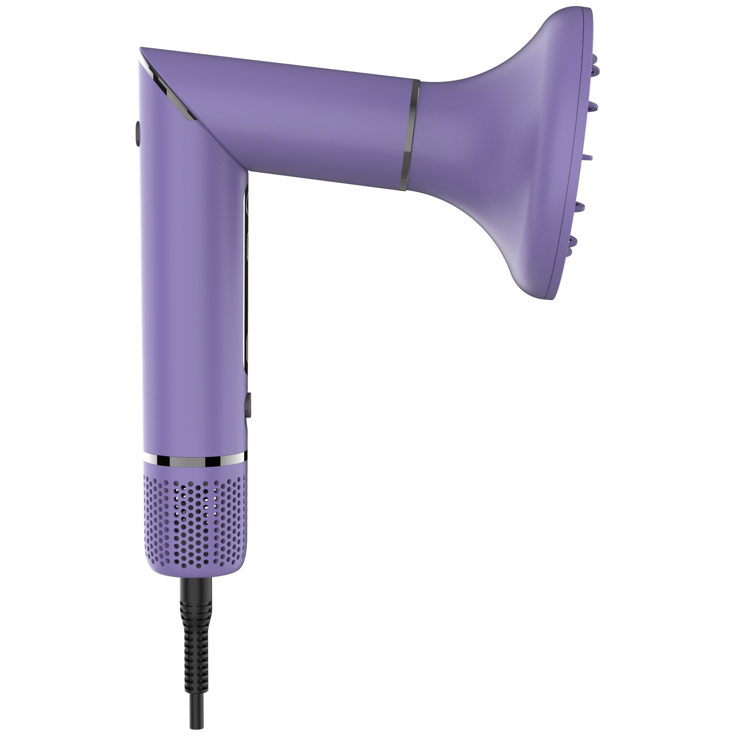 A modern purple hair dryer with a diffuser nozzle and a black cord against a plain white background.