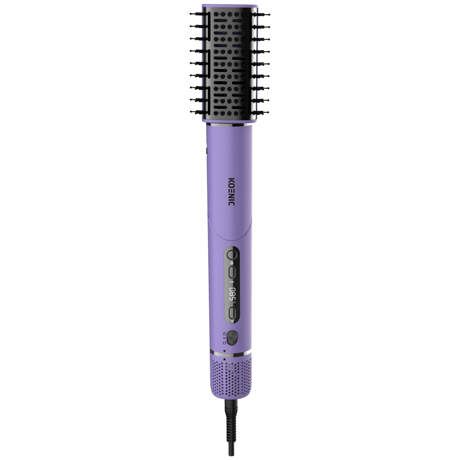A purple hot air hair styling brush with a black bristle head and digital temperature display.