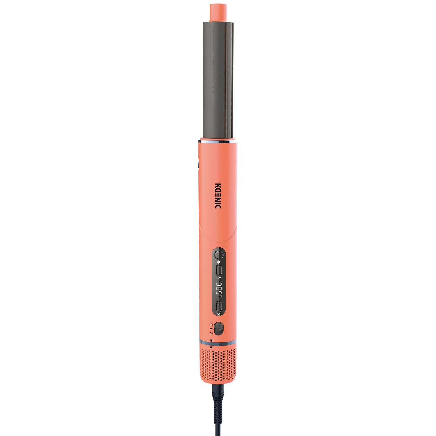 A vertical orange hair styler with a digital display and black cord against a plain white background.