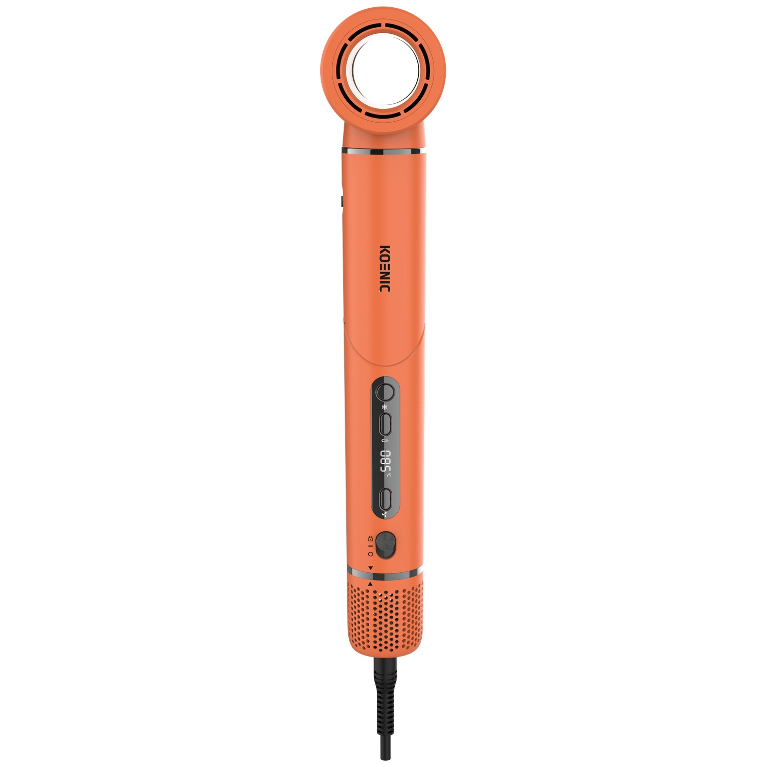 Modern orange hair dryer with digital display, LED rear, and black power cord on a white background.