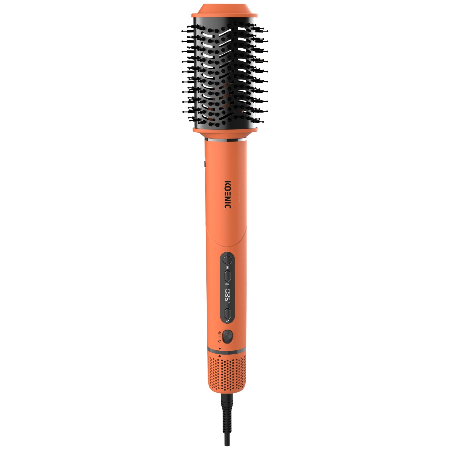 An orange and black Koenic hot air styling brush with a digital temperature display on a white background.
