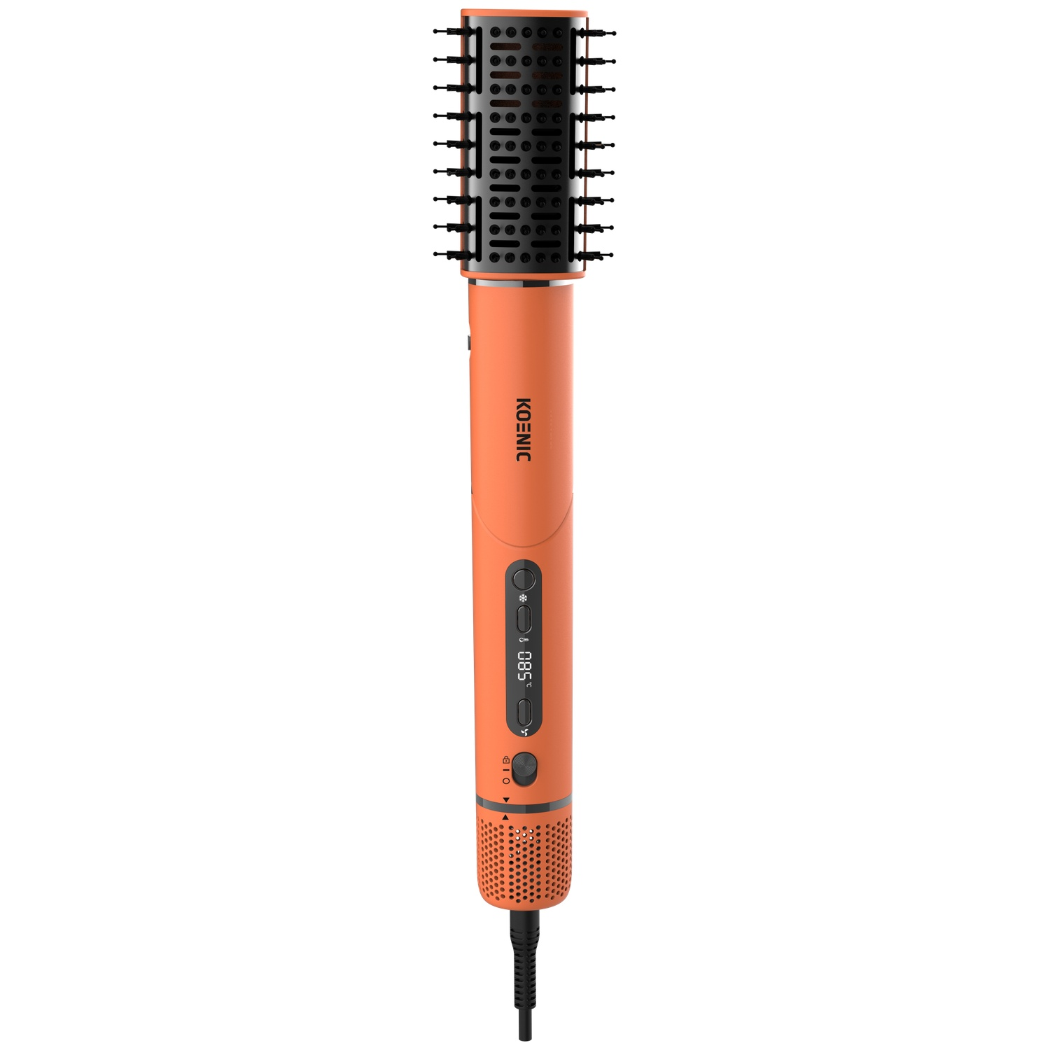 Orange hot air styler brush with digital display, black bristles, and power cord on white background.