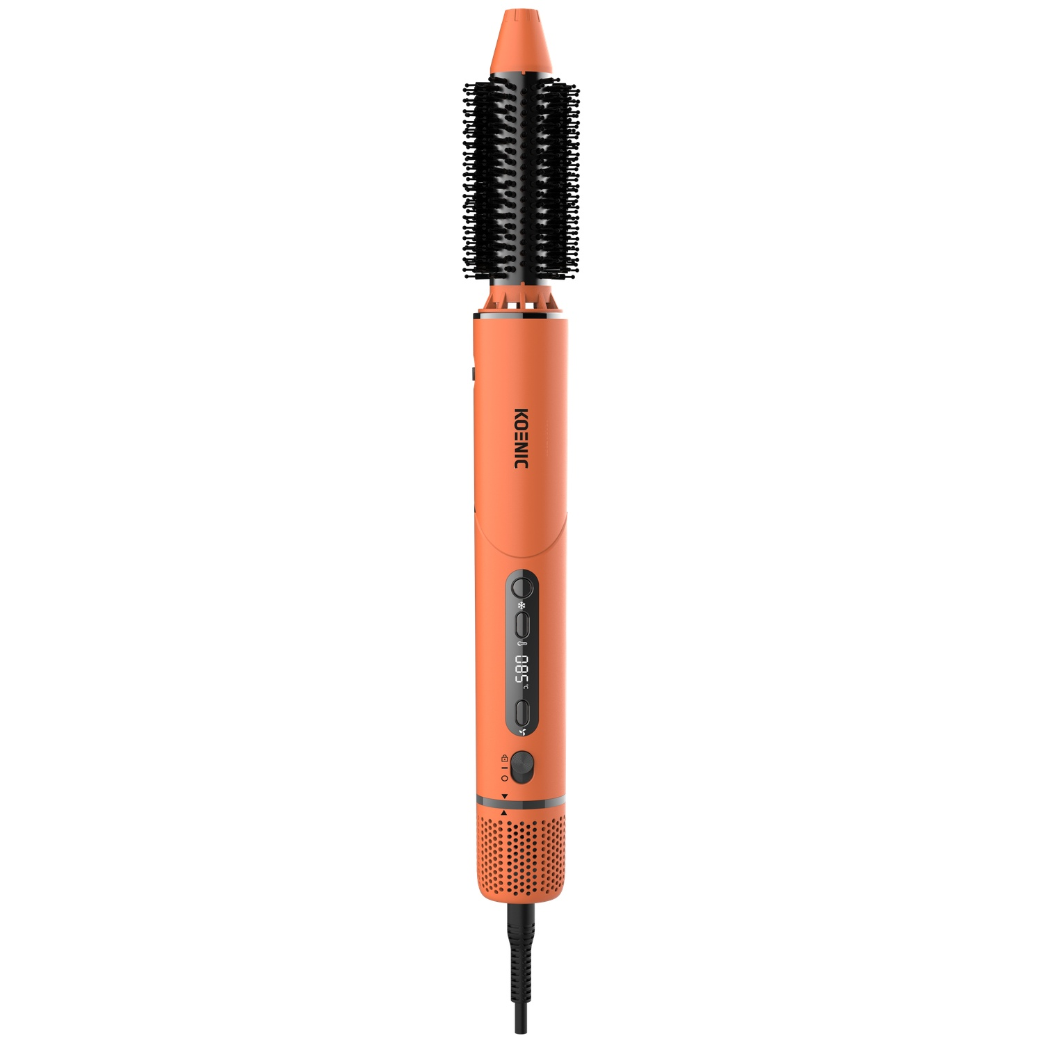An orange hot air styling brush with a black digital display and bristle attachment on a white background.