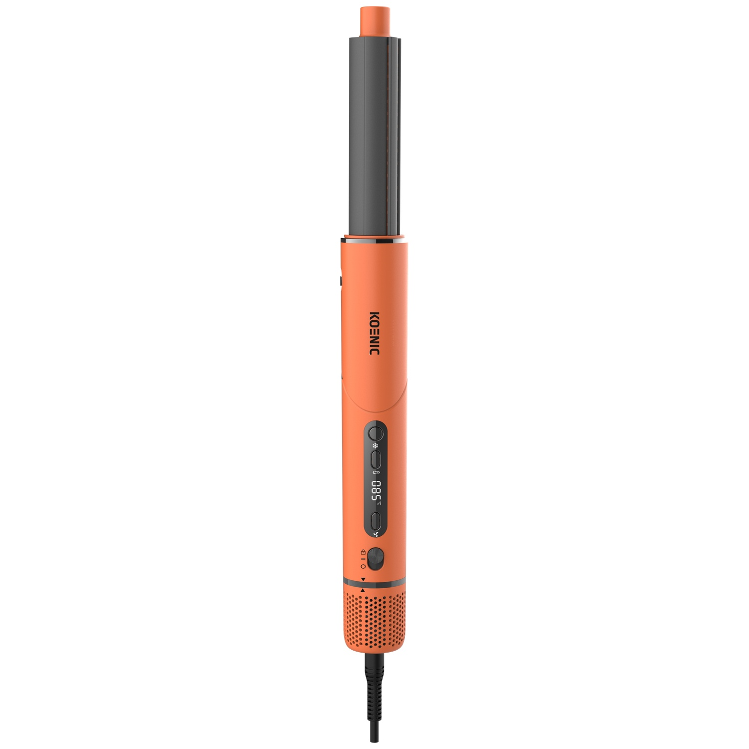 An orange and grey hair styling tool with a digital display and control buttons stands vertically against a white background.