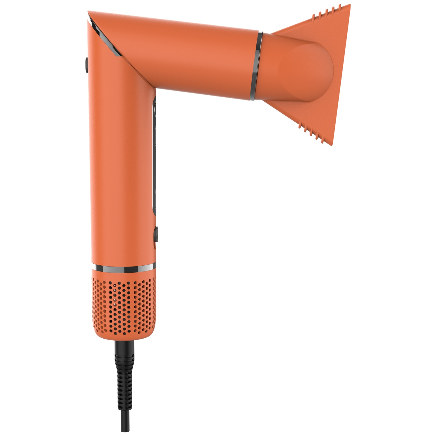 A modern orange hair dryer with an L-shape and black power cord on a white background.