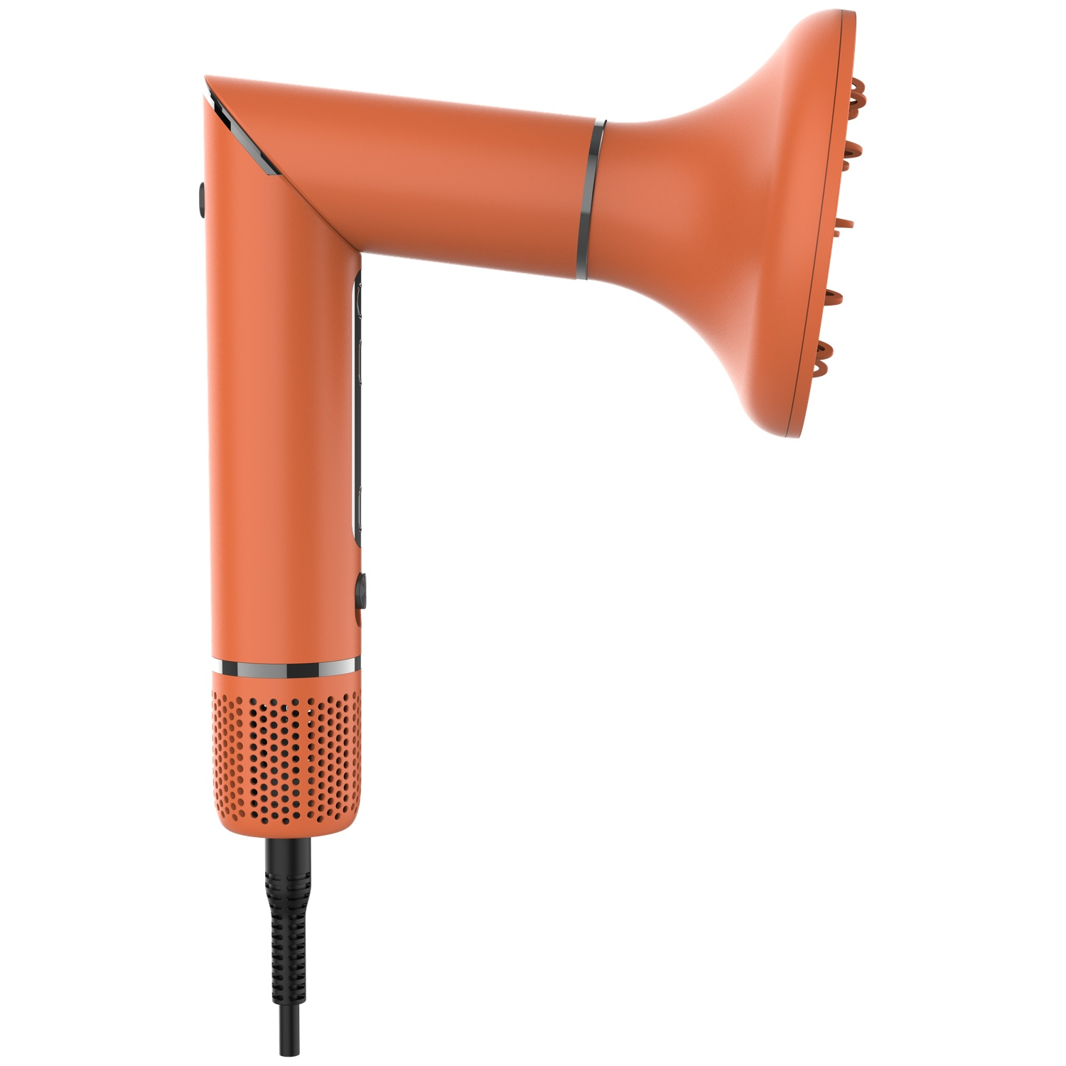 A modern orange hair dryer with a unique angled design, silver accents, and a black power cord against a white background.