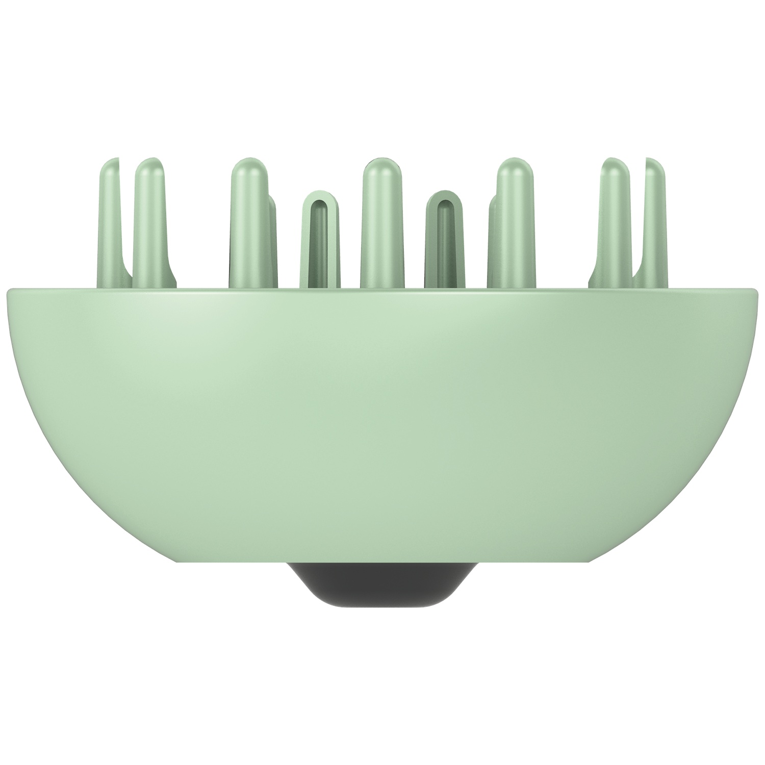 Un diffuseur de cheveux vert clair avec de longues dents arrondies sur fond blanc.
