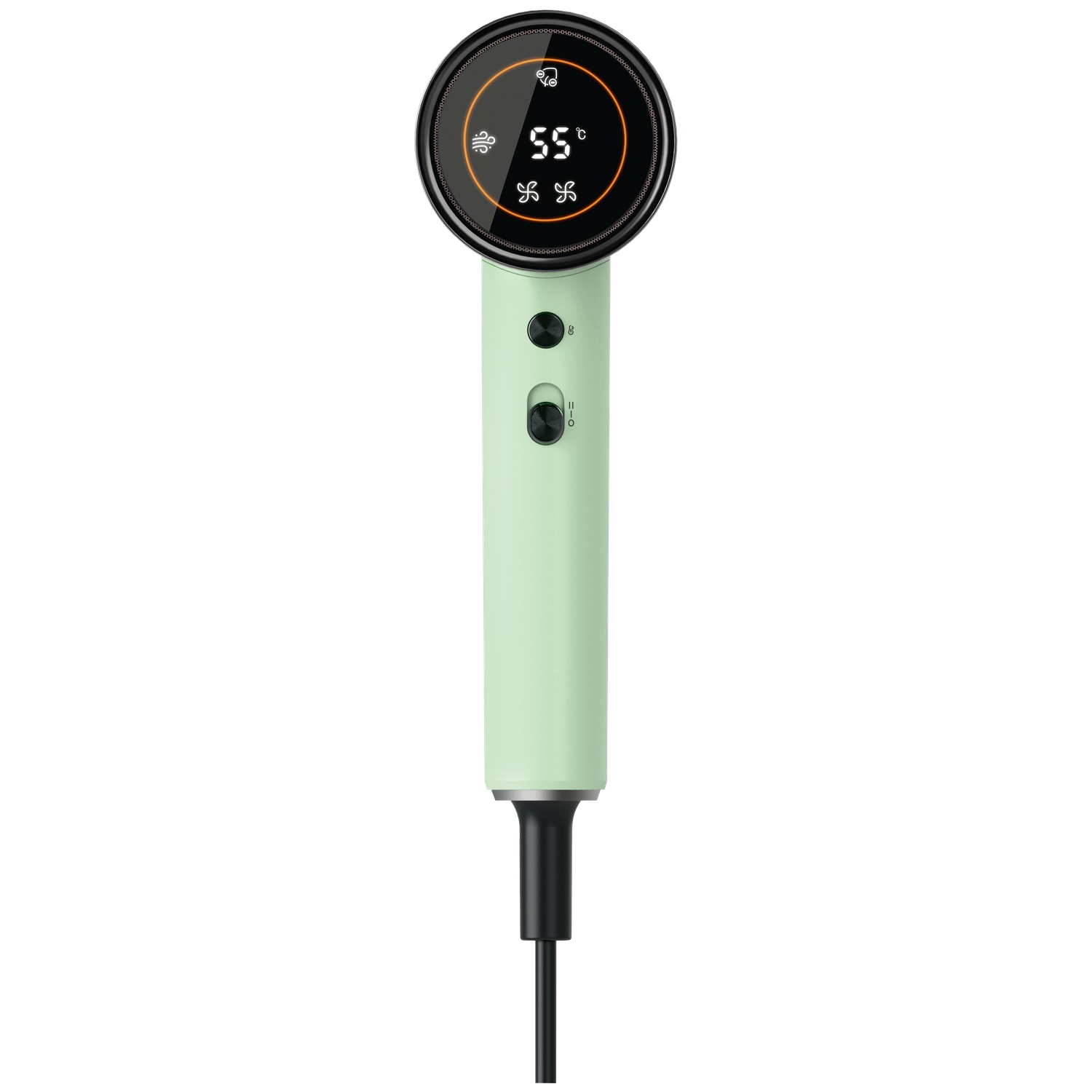 Un sèche-cheveux vert menthe avec écran LED rond et cordon noir sur fond blanc.