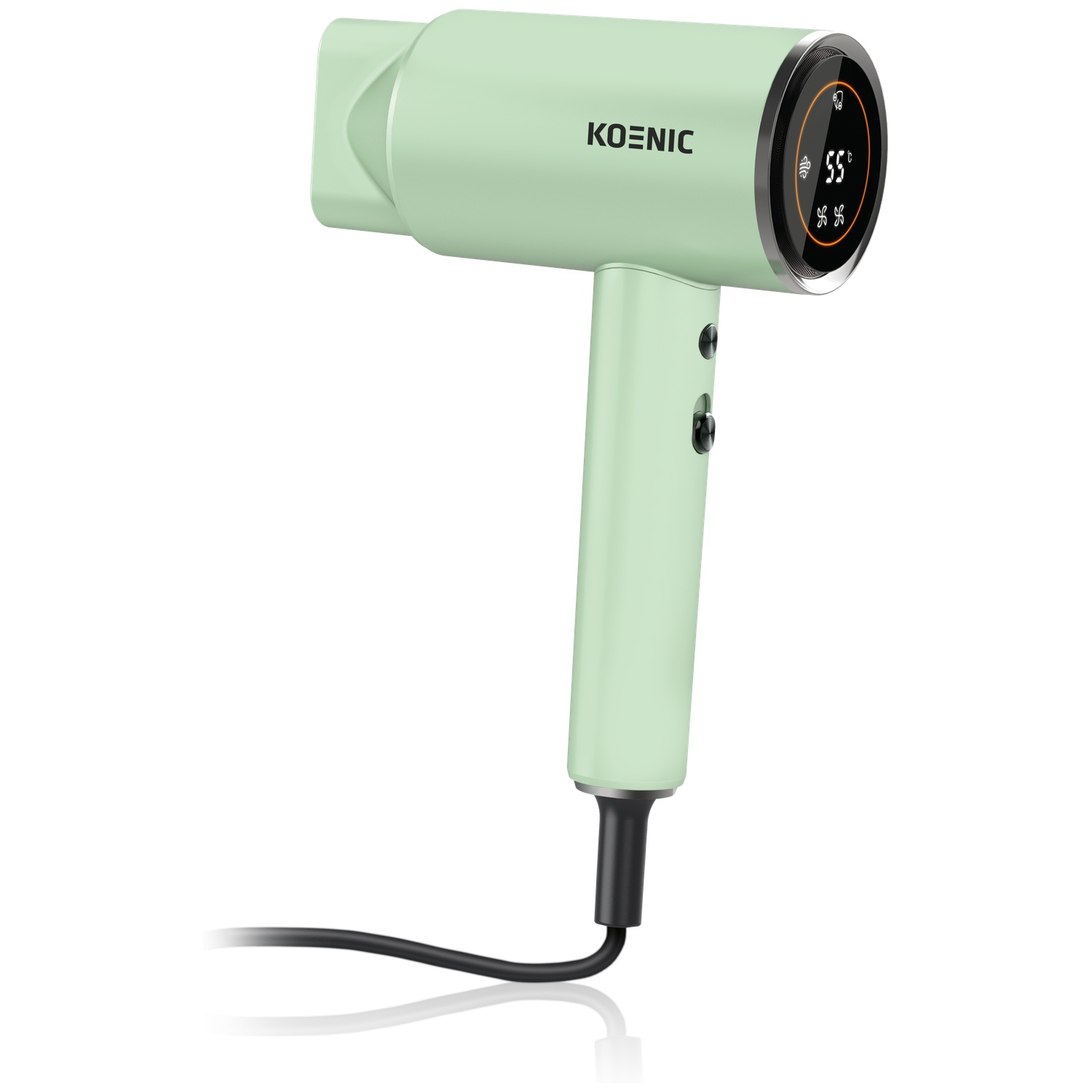 Un sèche-cheveux KOENIC vert menthe avec écran numérique et cordon d'alimentation noir sur fond blanc.