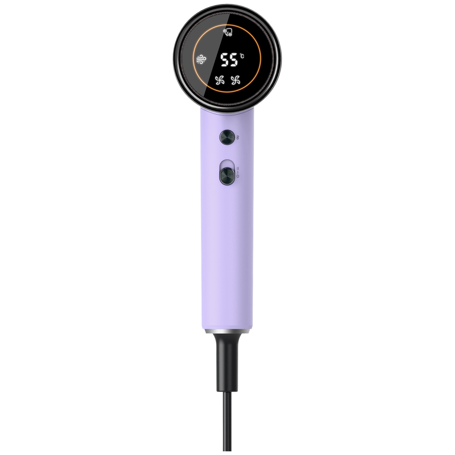 Un sèche-cheveux violet avec écran numérique, boutons de commande sur la poignée et cordon noir sur fond blanc.