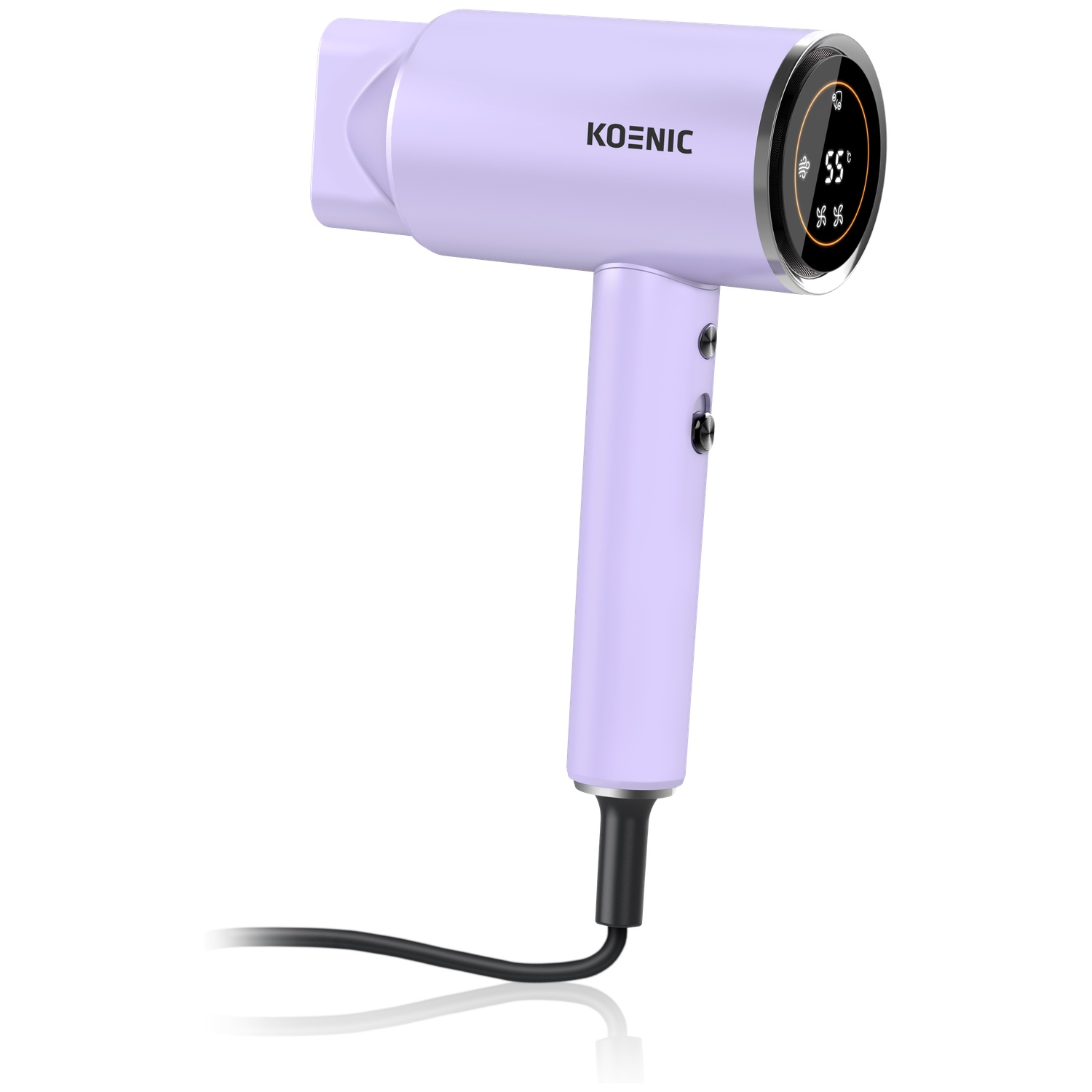 Un sèche-cheveux Koenic violet avec un écran numérique à l'extrémité et un cordon d'alimentation noir.