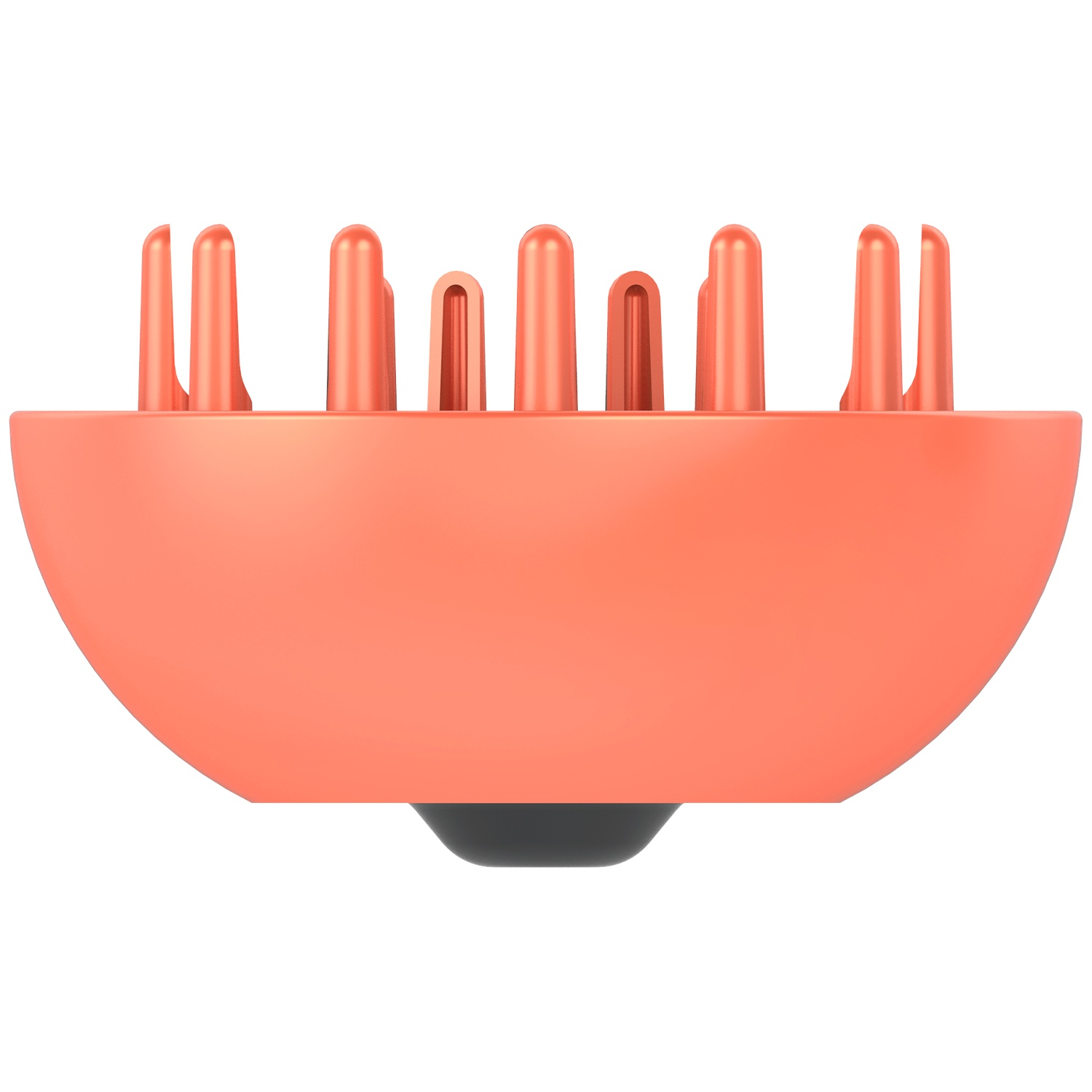 Un diffuseur de sèche-cheveux couleur corail avec des picots en forme de doigts sur fond blanc.