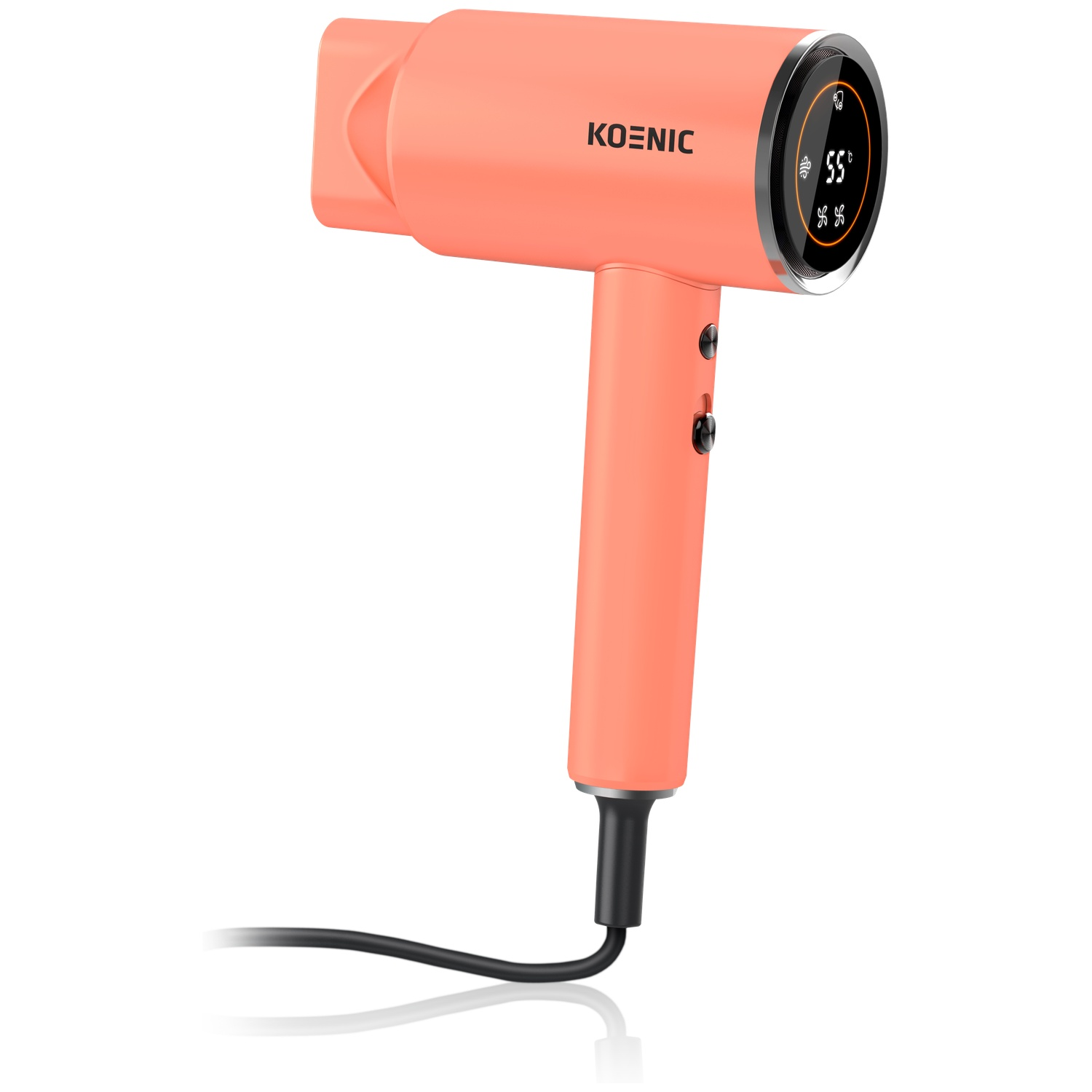 Un sèche-cheveux KOENIC rose corail moderne avec affichage numérique indiquant 55 degrés.