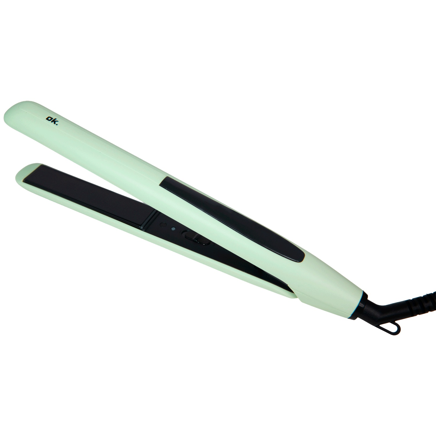 Een mintgroene stijltang met zwarte platen en een stroomsnoer tegen een witte achtergrond.