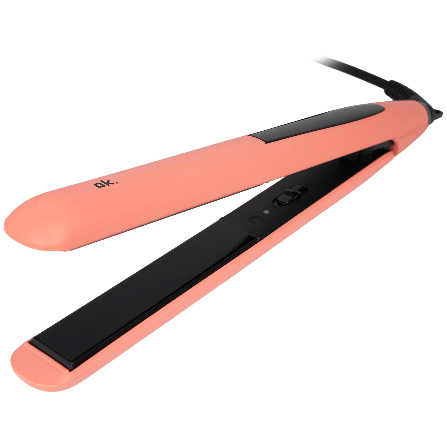 A pink hair straightener with black plates and power cord against a white background.