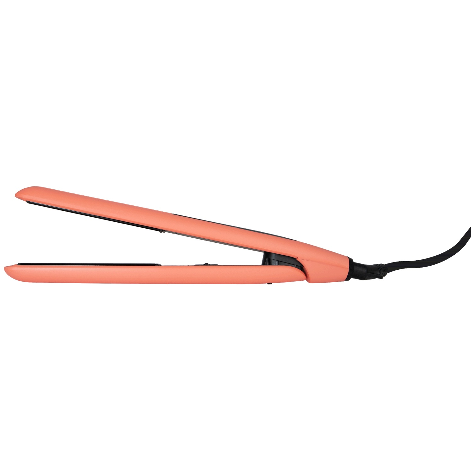 An open peach-colored hair straightener with a black power cord against a white background.