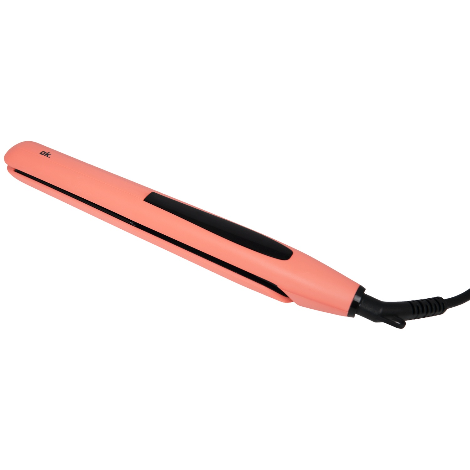 A closed, pink hair straightener with a black display and a power cord on a white background.