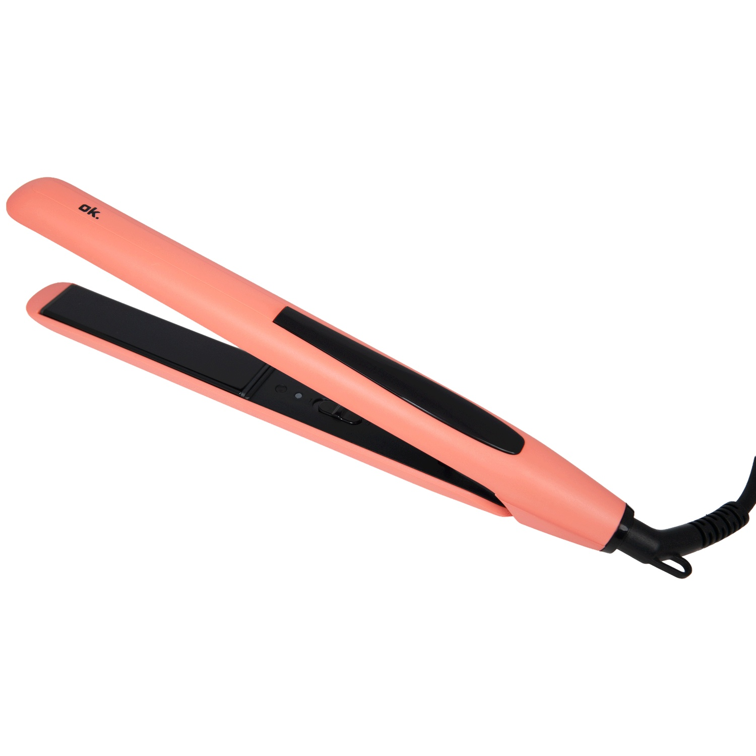 A peach-colored hair straightener with black plates and a power cord lies diagonally on a white background.