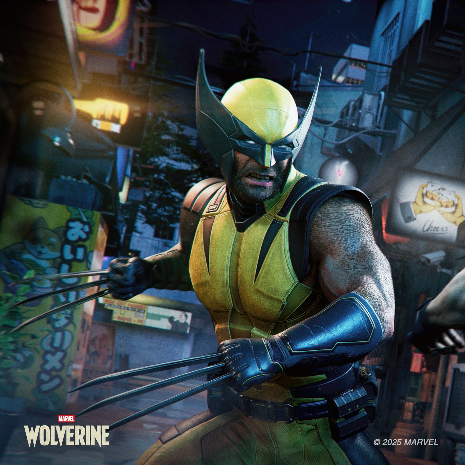 Wolverine in a yellow and black suit with extended claws fighting in a night city.