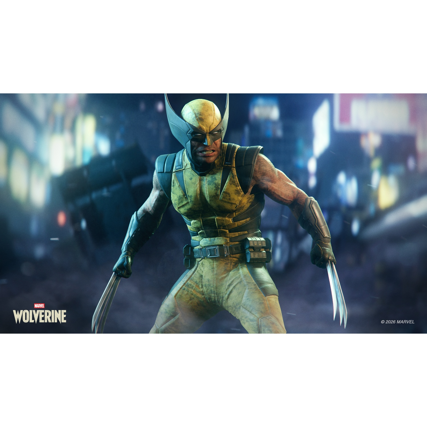 Wolverine in a yellow and blue suit with extended claws, standing before a blurred city background.