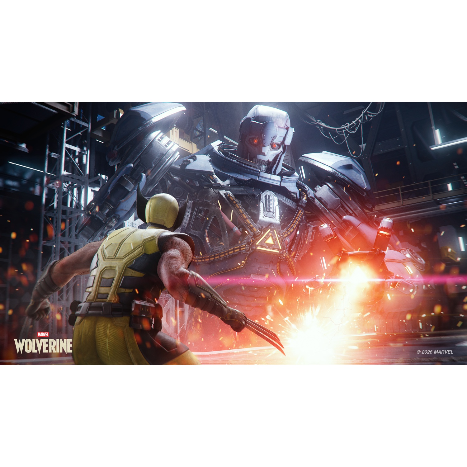 Wolverine in a yellow and blue suit fights a massive gray robot with red eyes inside an industrial warehouse.