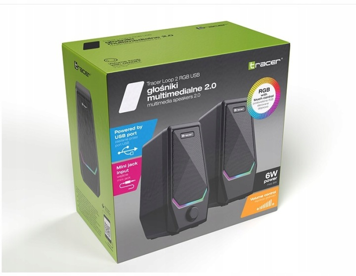 Zielone pudełko produktu głośników multimedialnych Tracer Loop 2 RGB USB.